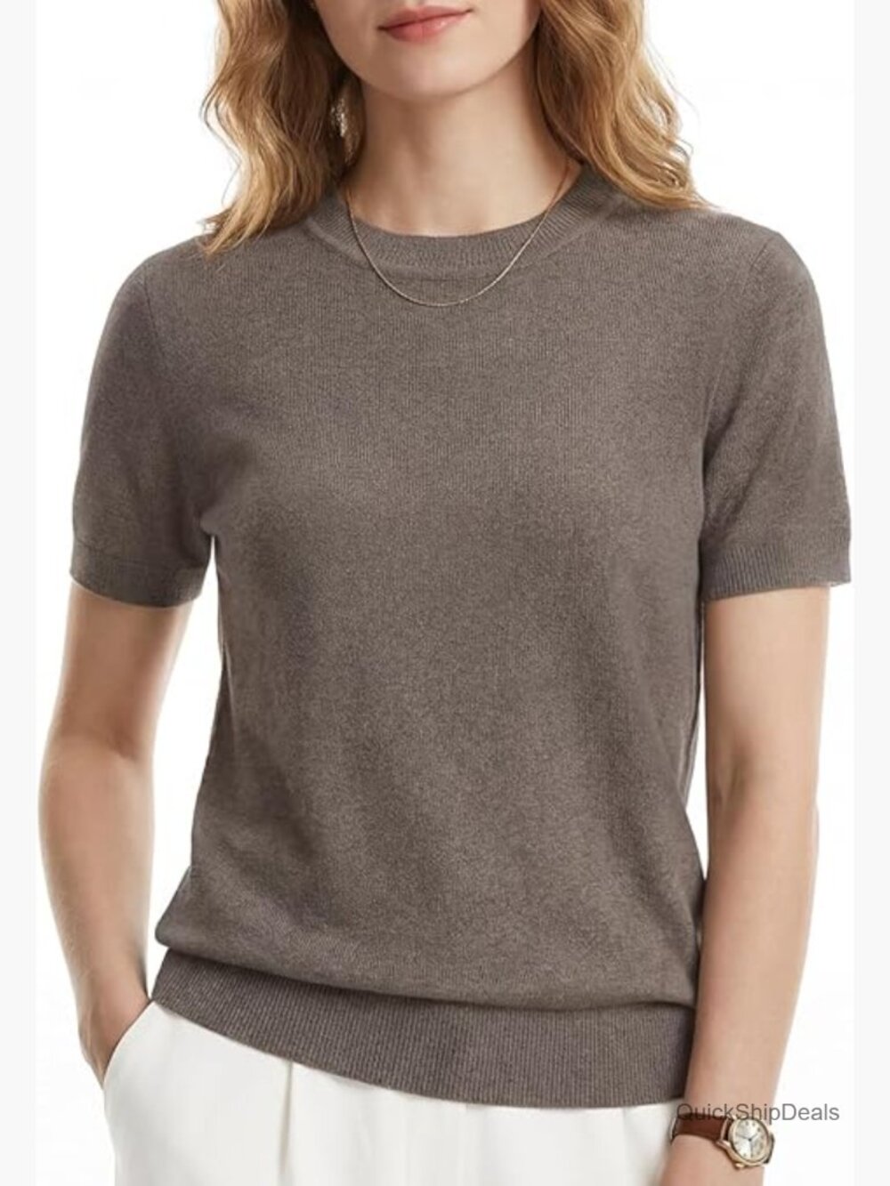 Short Sleeve Crew Neck Sweater Pullover Lightweight Wool Blend Knit